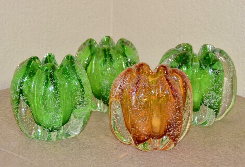 Tozai Hand Blown Murano Bubbles Green Glass Orb Vases - Set of 4